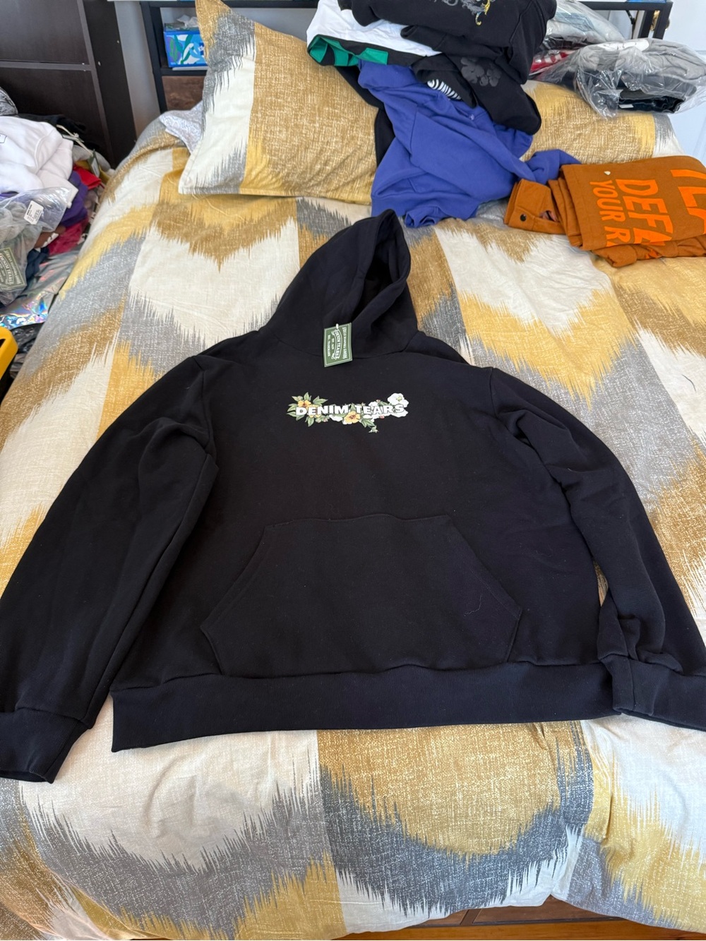 Denim Tears Floral Logo Men’s Black Fleece Hoodie Size 2X